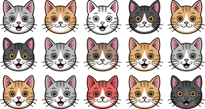 Cute cartoon cat head vector collection with hand drawn feline faces isolated on white backgroundcat, kitten, cathead, feline, cartoon, cute, pet, animal, character, face, avatar, mascot,