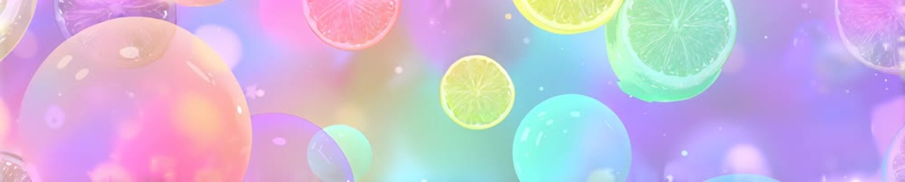 Abstract airy summer background with floating pastel bubbles and fresh citrus slices. Dreamy colorful gradient banner with glowing bokeh and sparkling water drops. Minimalist design with copy space.