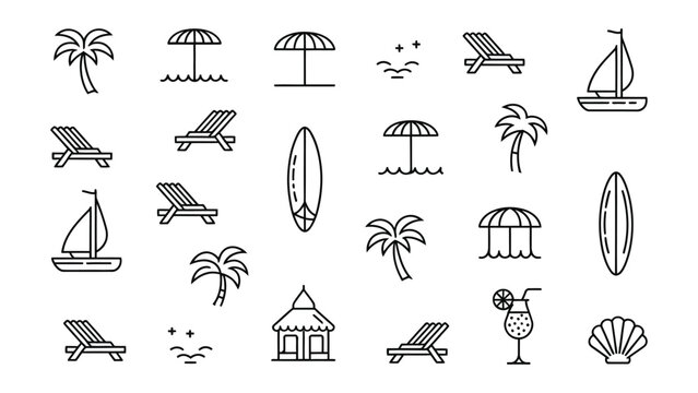 Beach icons set with palm trees umbrellas and lounge chairs