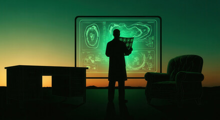 Fototapeta premium Medical Professional Analyzing Medical Scans Silhouetted Against a Sunset Backdrop