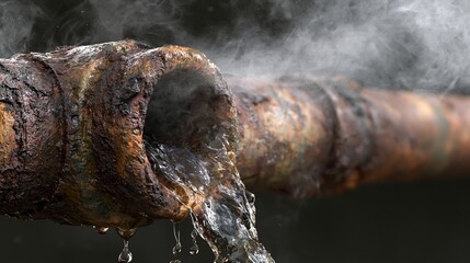 Fototapeta premium Old Rusty Pipe Leaks Water and Steam Due to Corrosion and Plumbing Failure in a Home Repair Context