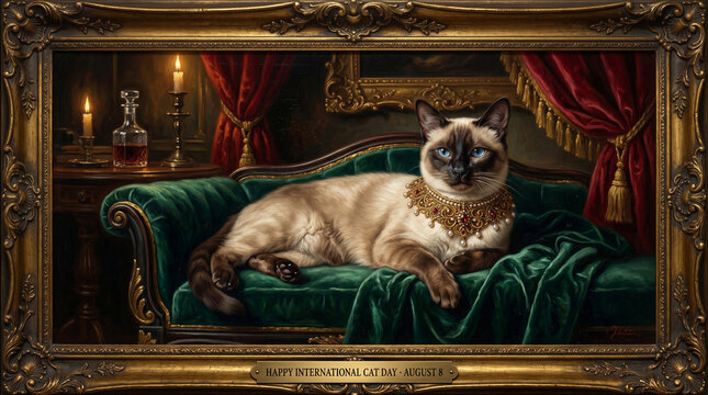 Luxurious siamese cat resting on green velvet couch in ornate gold frame with jewelry and candles nearby in a lavish room setting