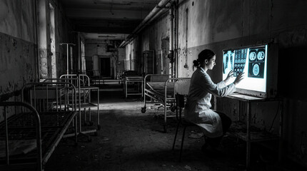 Fototapeta premium Medical Professional Analyzing Radiological Imagery in Desolate, Abandoned Hospital Setting