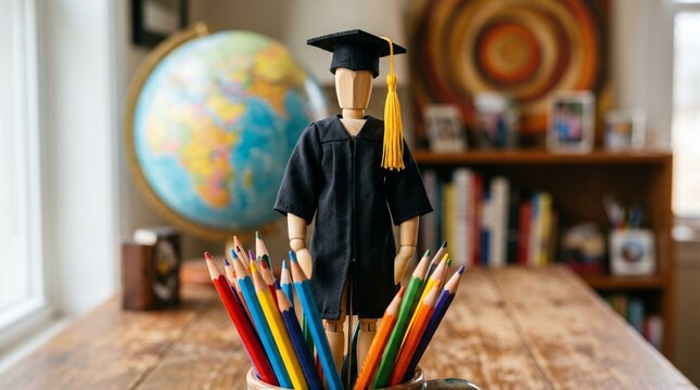Graduation cap wooden mannequin with colorful pencils