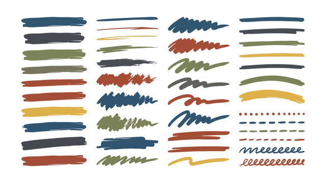 Colorful brush strokes and lines in various styles and textures for design