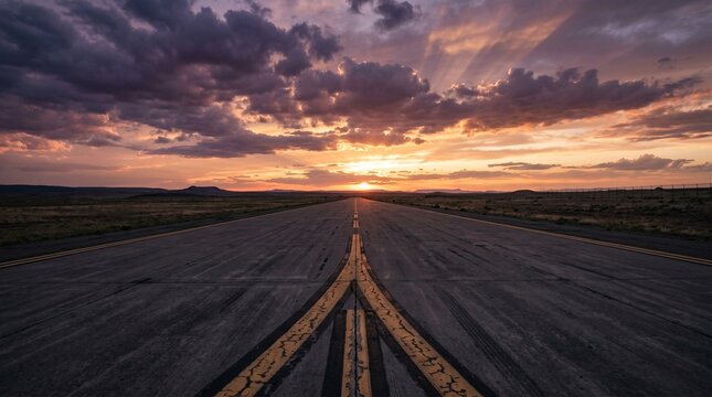 Empty airport runway at sunset with dramatic cloudscape