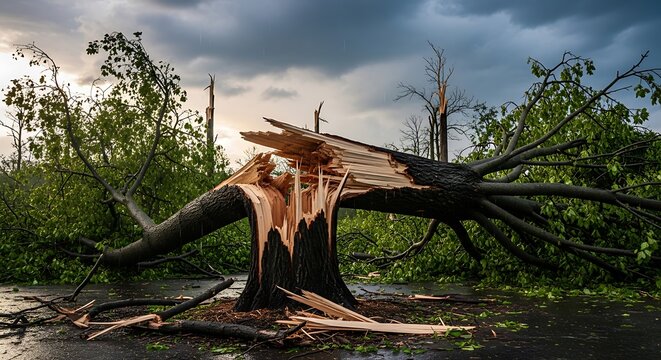Massive uprooted tree after violent storm damage in forest.