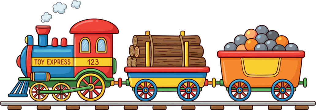 Colorful Toy Train Vector Illustration with Steam Locomotive Carrying Wood Logs and Coal Cargo on Railway Track for Kids