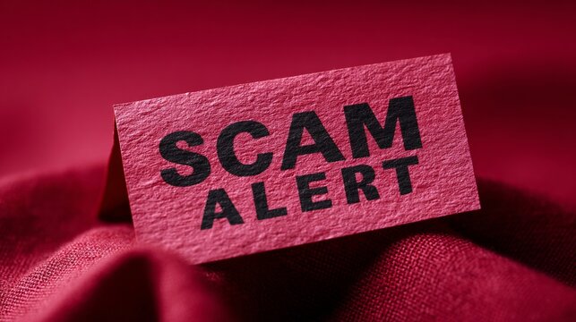 A striking red card displays the bold text 'SCAM ALERT' against a textured background, highlighting a warning message.