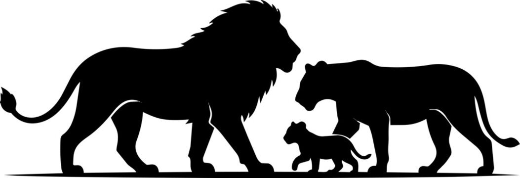 Lion family, black silhouette, animal icons, wildlife symbols, vector graphics