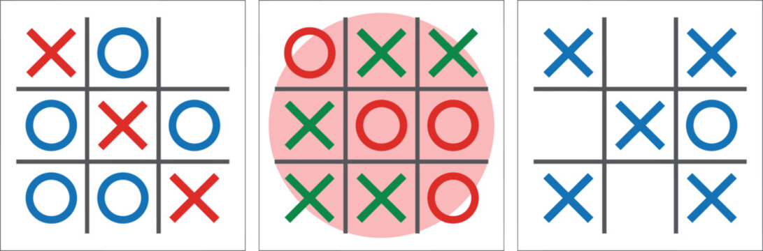 Colorful tic tac toe game boards with x and o symbols