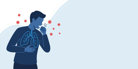 Man coughing with lung infection as symptom of hantavirus. Viral respiratory illness concept showing germ spreading through air. Medical illustration about contagious pulmonary disease.