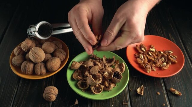 Hands of a person cracking open walnuts with a nutcracker, sorting shells and nuts into colorful bowls on a wooden table