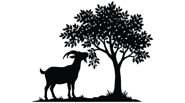 Goat and tree silhouette against a white background