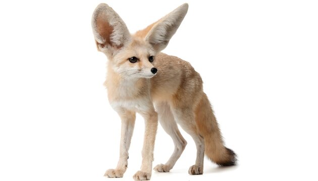 Small fennec fox with large ears standing, isolated on white background
