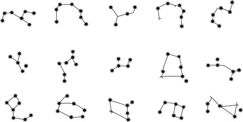 Fototapeta premium Black and white constellation diagram showing the twelve zodiac signs with stars and lines map.