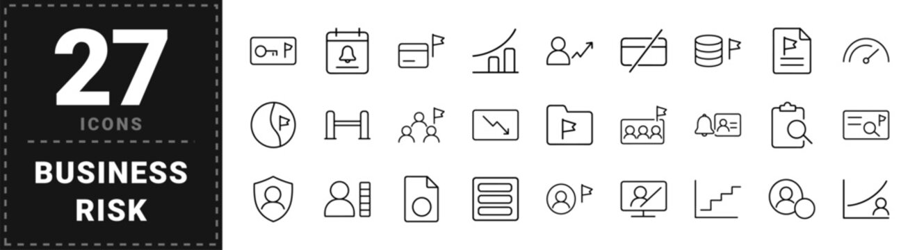 Business risk management line icon set. Vector pictograms of customer screening, account monitoring, fraud review, and compliance workflow elements, thin linear illustration.