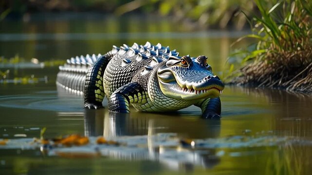 Alligator, slowly walking forward, low water swamp, mp4 video. AI