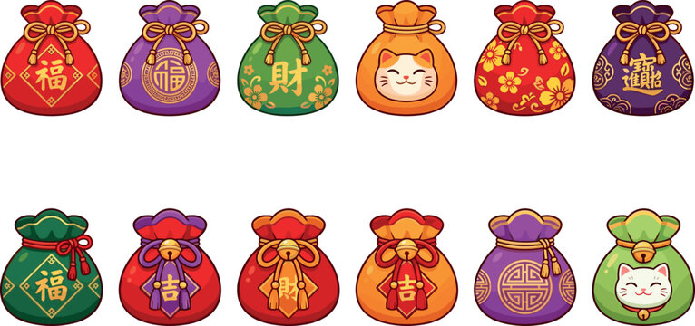 Colorful Chinese Lucky Money Bag Vector Set with Fu Cai Ji Characters and Maneki Neko for Lunar New Year Fortune
