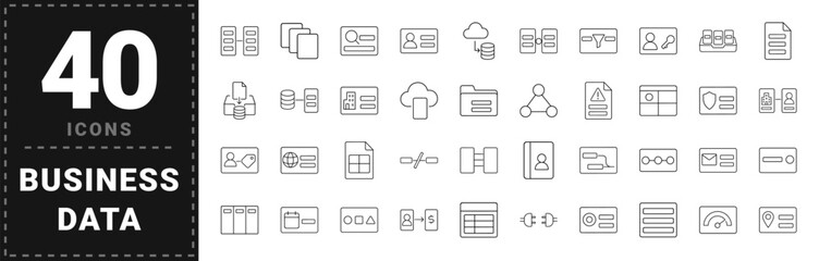 Naklejka premium Customer data management line icon set. Vector pictograms of records, mapping, validation, and integration elements, thin linear illustration.