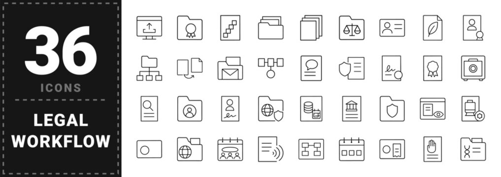 Intellectual property line icon set. Vector pictograms of legal documents, filing workflow, review process, and portfolio management elements, thin linear illustration.