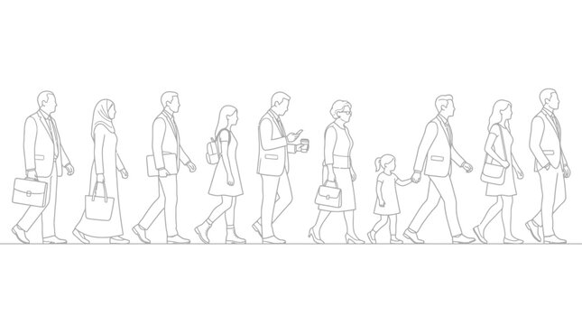 CAD  Drawing People walking, business professionals, family, line art, vector illustrations, crowd, pedestrians isolated on White Background vector eps silhouette