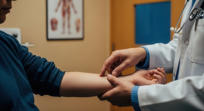 Medical Professional Examining Patient's Arm in a Clinic Setting