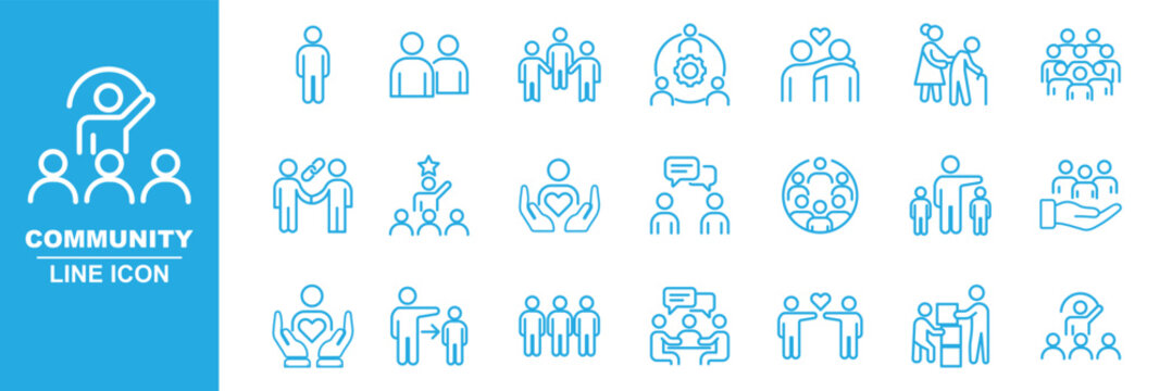 Modern Community line icon set. Neighborhood, friendship, family, love, teamwork, team building, leadership, unity, coworker outline icons. Love family care community outline icons. heart icons