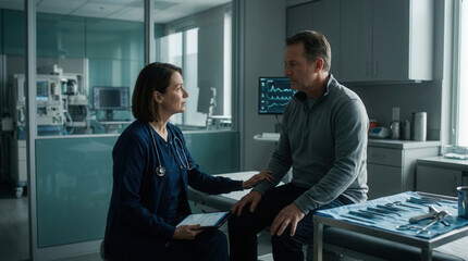Fototapeta premium Medical Professional Explains Results to Senior Patient in Hospital Consultation Room