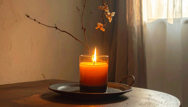 Lit candle on tray with dried flowers