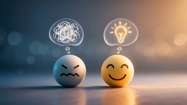 Sad gray sphere with tangled thoughts next to happy yellow sphere with glowing lightbulb representing problem solving and positive mindset