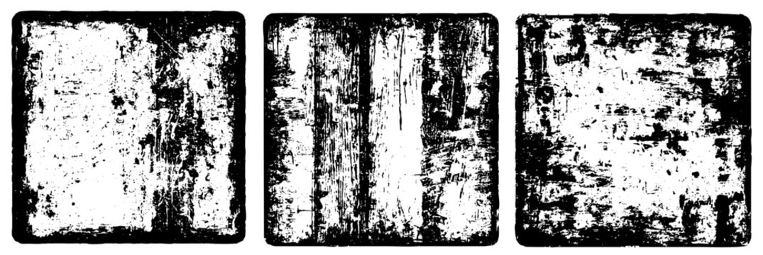 Set of three rough distressed square backgrounds, high contrast, isolated