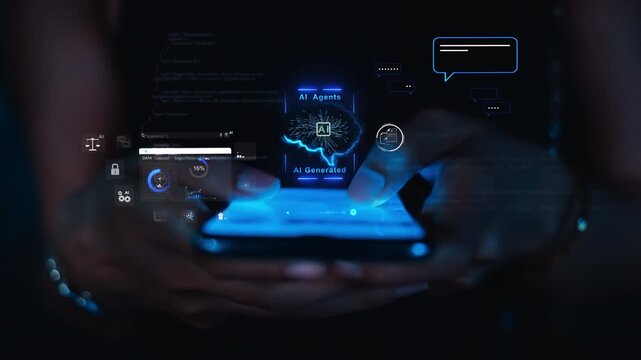 AI Agents Digital Brain Hologram and Futuristic Data Dashboard on Smartphone Screen with Woman Typing, Tiny Shimmering Lights, Static Shot