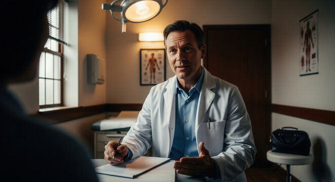 Medical Professional Explains Something To a Patient In a Consultation Room Scene