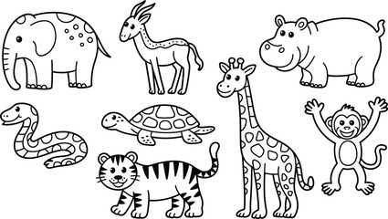 Obraz premium Cute collection of wild safari animals in a simple black and white line drawing for coloring page