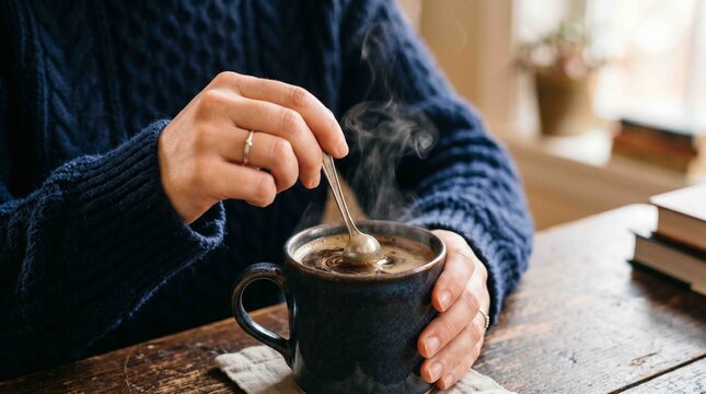 Close Up Hands Stirring Steaming Coffee in Dark Mug on Wooden Table