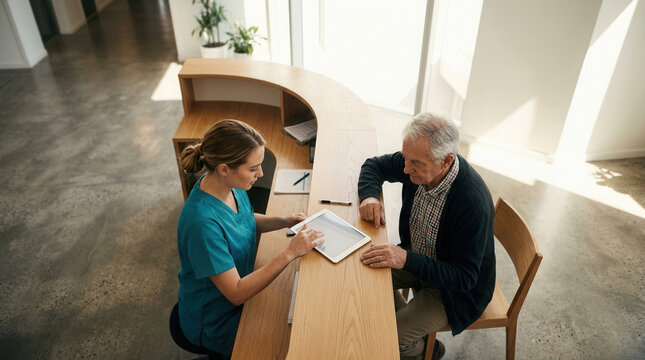 Medical Professional Explains Tablet To Older Patient At Hospital Reception Desk