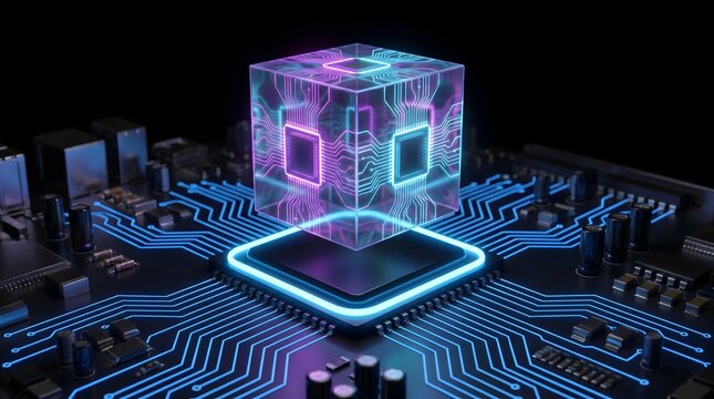 Quantum computing transparent cube with glowing circuits floating above motherboard processor representing future data technology