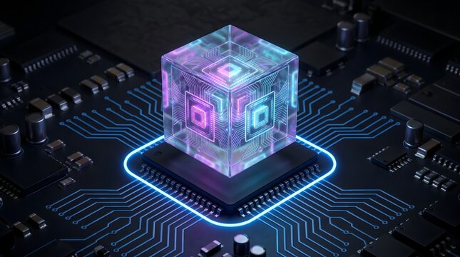 Holographic digital processor cube hovering on motherboard visualizing advanced artificial intelligence and cyber security network
