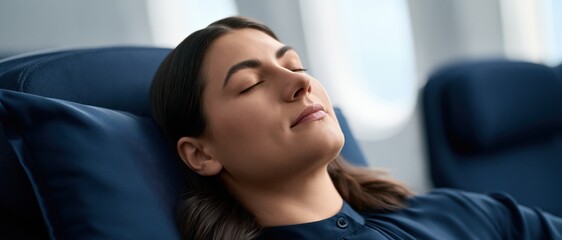 Fototapeta premium A serene image of a woman resting comfortably on an airplane seat, embodying relaxation and peace amidst travel, evoking feelings of comfort and tranquility.