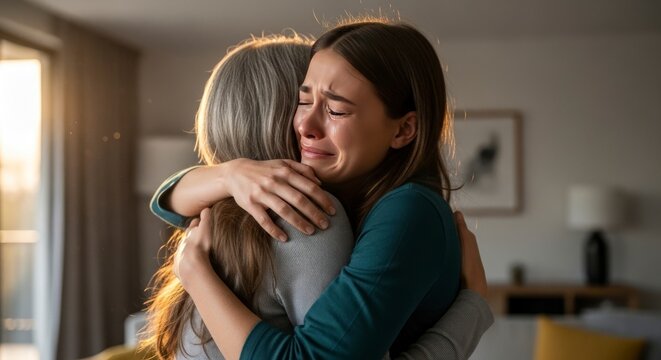 Mulher chorando enquanto abra&ccedil;a outra pessoa em ambiente interno.