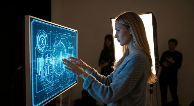 Mulher interagindo com tecnologia futurista de tela de interface digital.
