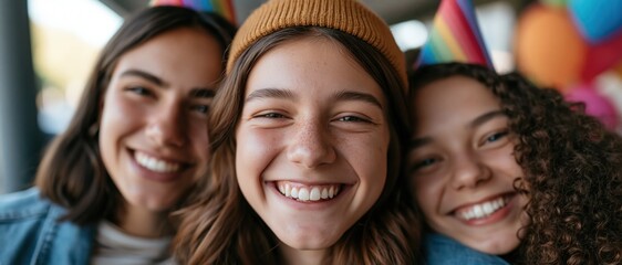 Fototapeta premium Three joyful young friends pose together, wearing colorful party hats, capturing the essence of friendship, happiness, and celebration in a vibrant social setting.