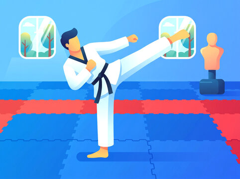 Taekwondo High Kick Vector Illustration Flat Martial Arts Athlete Training in Dojang Studio