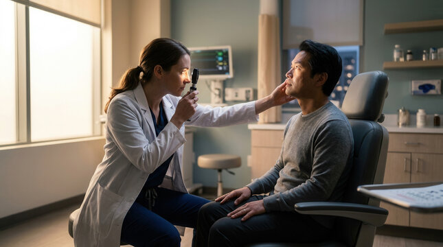 Medical Professional Examining Patient's Face with Ophthalmoscope in Examination Room Setting