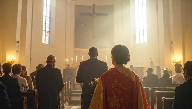 Sunlight streams into church during religious ceremony with congregation and priest