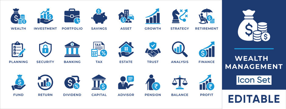 Wealth management and fintech solid icon set. Includes symbols for Investment Portfolio, Tax Strategy, and Retirement. Vector icons for banking UI, corporate accounting, and financial brokers.