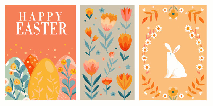 set of four vertical easter greeting cards with colorful designs eggs flowers
