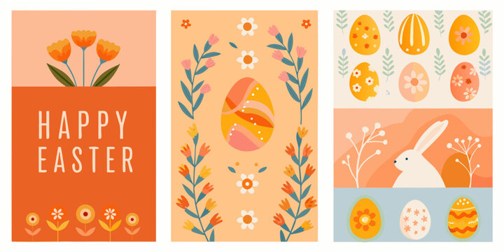 set of four vertical easter greeting cards with floral and bunny designs