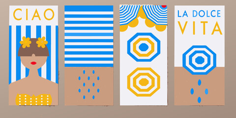 four minimalist summer vacation posters with beach scenes scene stripes umbrella woman © Pabitra